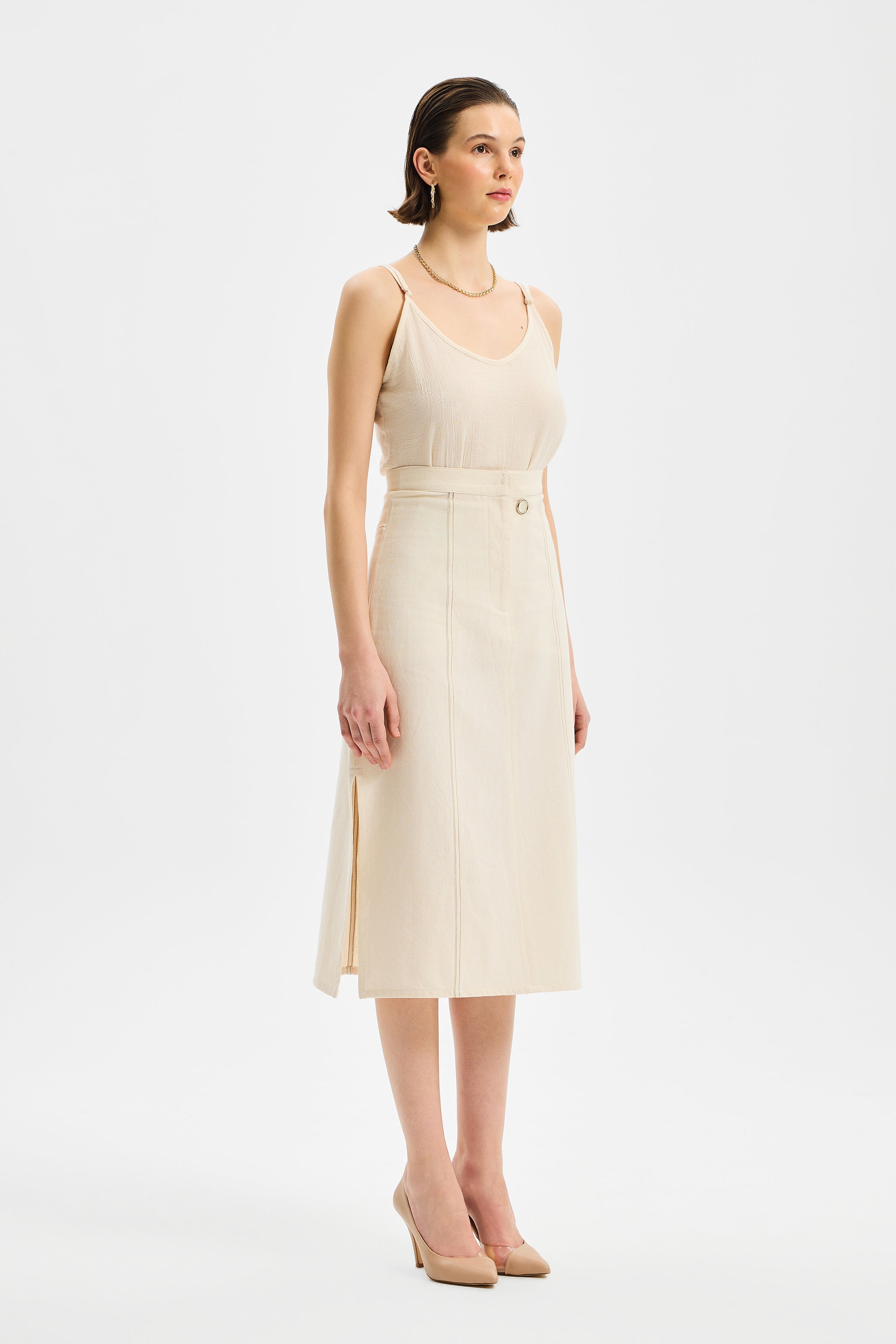 Axis Midi Boy Dar Etek Ekru